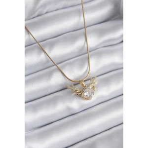 316L Çelik Gold Renk Zirkon Taşlı Boynuz Model Kadın Kolye