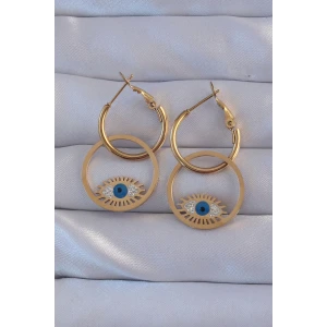 316L Çelik Gold Renk Zirkon Taşlı Mavi Göz Tasarımlı Halka Küpe