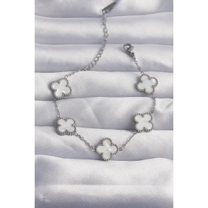 316L Çelik Gümüş Renk Beyaz Sedefli Yonca Bileklik