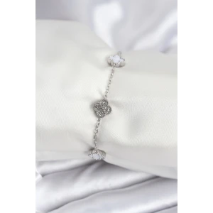 316L Çelik Gümüş Renk Beyaz ve Zirkon Taşlı Baby Boy Yonca Kadın Bileklik