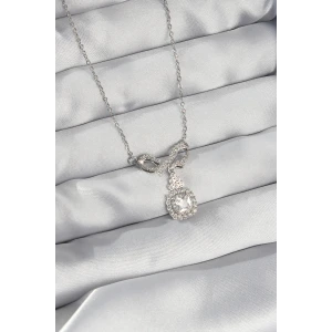 316L Çelik Gümüş Renk Fiyonk Detay Zirkon Taşlı Tektaş Kolye