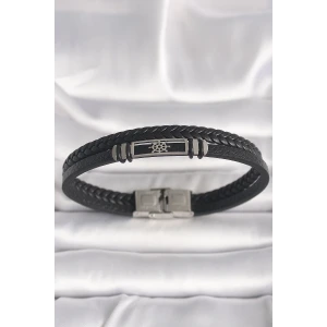 316L Çelik Gümüş Renk Gemi Dümeni Figür Siyah Burgu Deri Kordon Model Erkek Bileklik