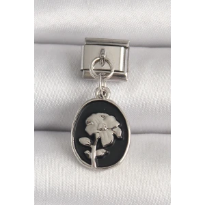 316L Çelik Gümüş Renk Gümüş Çiçek İşlemeli Siyah Portre Model Nomination Charm