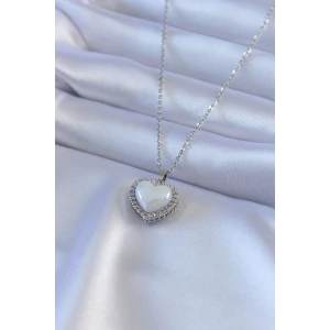 316L Çelik Gümüş Renk İncili Kalp Model Zirkon Taşlı Kadın Kolye