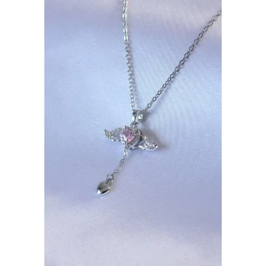 316L Çelik Gümüş Renk Kanatlı Kalp Figür Zirkon Taş Detay Kadın Kolye