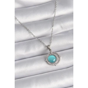 316L Çelik Gümüş Renk Mavi Sedefli Hilal Model Kadın Kolye