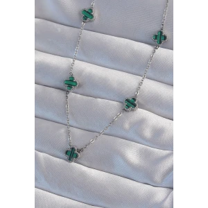 316L Çelik Gümüş Renk Minimal Yeşil Mineli Yonca Kolye