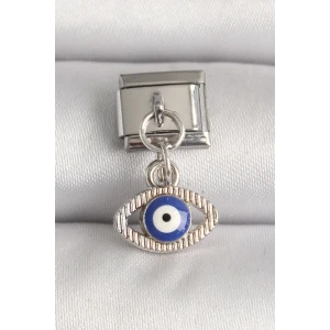 316L Çelik Gümüş Renk Nazar Boncuk Detaylı Göz Model Nomination Charm