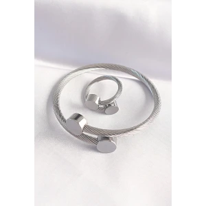 316L Çelik Gümüş Renk Oval Aksesuarlı Burgu Model Bileklik ve Yüzük Kombini