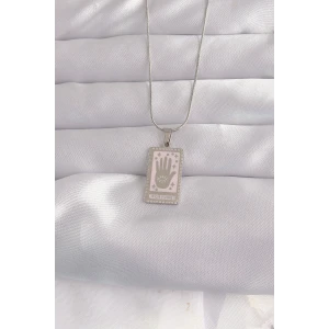 316L Çelik Gümüş Renk Pembe Mineli El Figür Tarot Kolye
