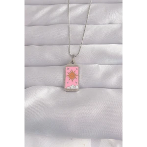 316L Çelik Gümüş Renk Pembe Mineli Güneş Model Tarot Kolye
