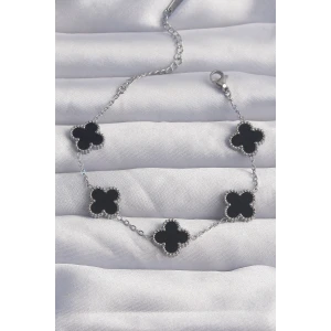 316L Çelik Gümüş Renk Siyah Mineli Yonca Bileklik