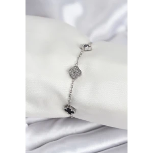 316L Çelik Gümüş Renk Siyah ve Zirkon Taşlı Baby Boy Yonca Kadın Bileklik