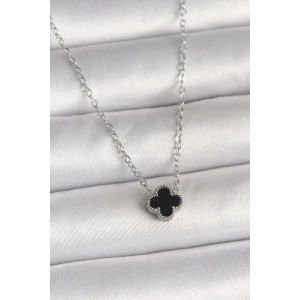 316L Çelik Gümüş Renk Siyah Yonca Model Kadın Kolye