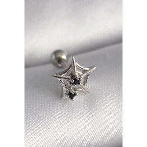 316L Çelik Gümüş Renk Siyah Zirkon Taş Detay Örümcek Ağ Model Tragus Piercing