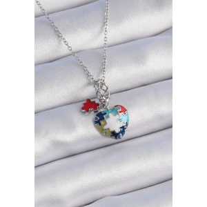 316L Çelik Gümüş Renk Yapboz Motif Kalp Figür Charm Model Kadın Kolye