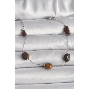 316L Çelik Gümüş Renk Zincir Kahverengi Doğaltaş Model Kadın Bileklik