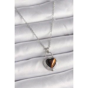 316L Çelik Gümüş Renk Zincir Kilit Kalp Kehribar Boncuk Model Kadın Kolye