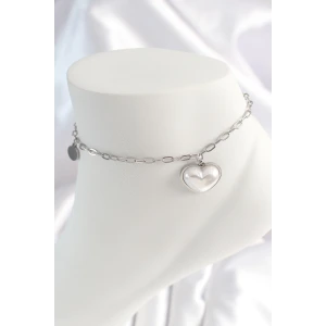 316L Çelik Gümüş Renk Zincir Model 3D Kalp Beyaz Kalp Figür Kadın HalHal