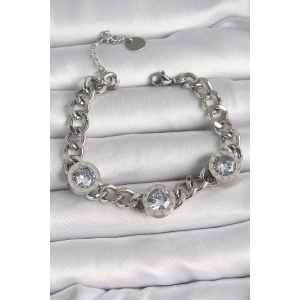 316L Çelik Gümüş Renk Zincir Model Zirkon Taşlı İşleme Detaylı Kadın Bileklik
