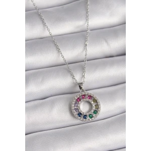 316L Çelik Gümüş Renk Zincir Renkli Zirkon Taşlı Madalyon Model Kadın Kolye
