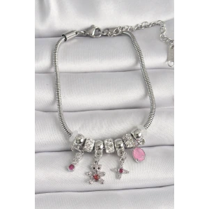 Pirinç Gümüş Renk Zincir Sallantı Zirkon Taşlı Ayıcık Figür Yıldız Detay Kadın Bileklik