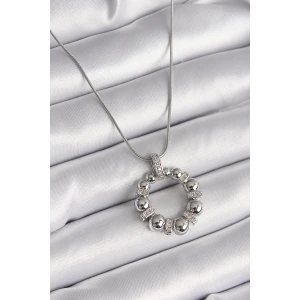 316L Çelik Gümüş Renk Zincir Zirkon Taş Detaylı Bombeli Halka Model Kadın Kolye