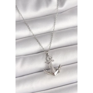 316L Çelik Gümüş Renk Zincir Zirkon Taş Detaylı Çapa Model Kadın Kolye