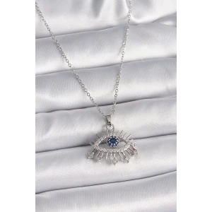 316L Çelik Gümüş Renk Zincir Zirkon Taşlı Göz Model Kadın Kolye