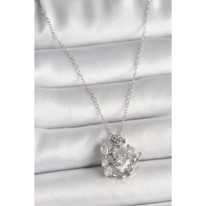 316L Çelik Gümüş Renk Zincir Zirkon Taşlı Kalp Figür Gül Detay Kadın Kolye