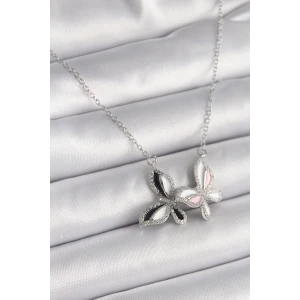 316L Çelik Gümüş Renk Zincir Zirkon Taşlı Renkli Kelebek Model Kadın Kolye