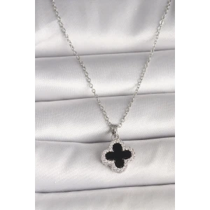 316L Çelik Gümüş Renk Zincir Zirkon Taşlı Yonca Model Kadın Kolye