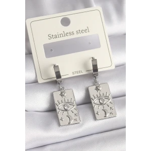 316L Çelik Gümüş Renk Zirkon Taşlı Göz İşleme Detaylı Plaka Model Kadın Küpe