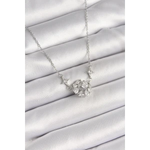 316L Çelik Gümüş Renk Zirkon Taşlı Hilal Kalp Model Kadın Kolye