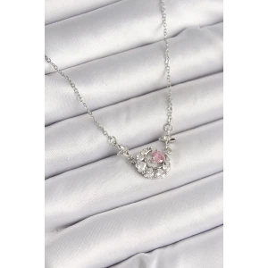 316L Çelik Gümüş Renk Zirkon Taşlı Hilal Pembe Kalp Model Kadın Kolye