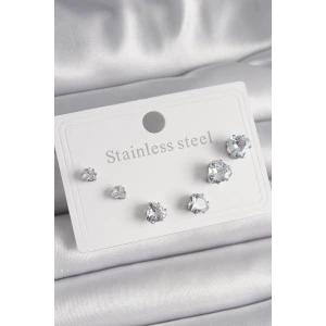 316L Çelik Gümüş Renk Zirkon Taşlı Kalp Model Kadın Küpe Seti