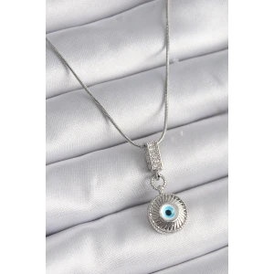 316L Çelik Gümüş Renk Zirkon Taşlı Nazar Boncuk Model Kadın Kolye
