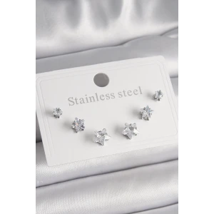 316L Çelik Gümüş Renk Zirkon Taşlı Yıldız Model Kadın Küpe Seti