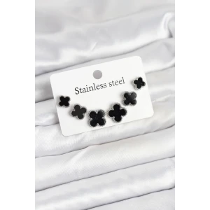 316L Çelik Gümüş Siyah Renk 3 Boy Yonca Küpe Seti