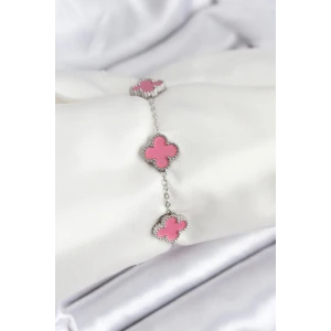 316L Çelik Gümüş Zincir Pembe Renk Yonca Bileklik
