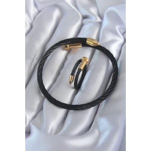 316L Çelik Siyah Renk Gold Detay Sarmal Model Erkek Bileklik Yüzük Kombini