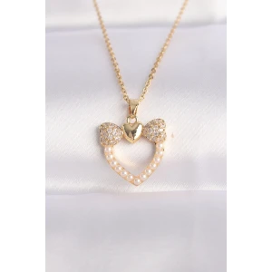 316L Çelik Zincir Altın Renk İnci Taş Detay Zirkon Taşlı Kalp Kolye