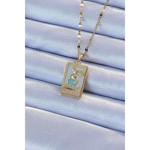316L Çelik Zincir Altın Renk Mavi Mineli Tarot Kolye