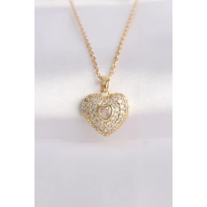 316L Çelik Zincir Altın Renk Zirkon Taşlı Kalp Kolye