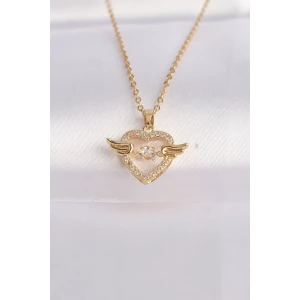 316L Çelik Zincir Altın Renk Zirkon Taşlı Kanatlı Kalp Kolye