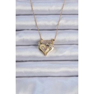 316L Çelik Zincir Altın Renk Zirkon Taşlı Mıknatıslı Kalp Kolye