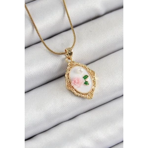 316L Çelik Zincir Beyaz Sanatsal Portre İnci Detaylı Gül Figürlü Model Gold Renk Kadın Kolye