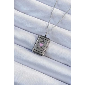 316L Çelik Zincir Eskitme Gümüş Renk Pembe Mineli Kalp Figürlü Tarot Kolye
