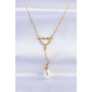 316L Çelik Zincir Gold Renk İnci Taş Detay Kalp Kolye