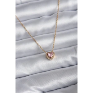 316L Çelik Zincir Gold Renk Pembe Zirkon Taşlı Charm Kadın Kolye